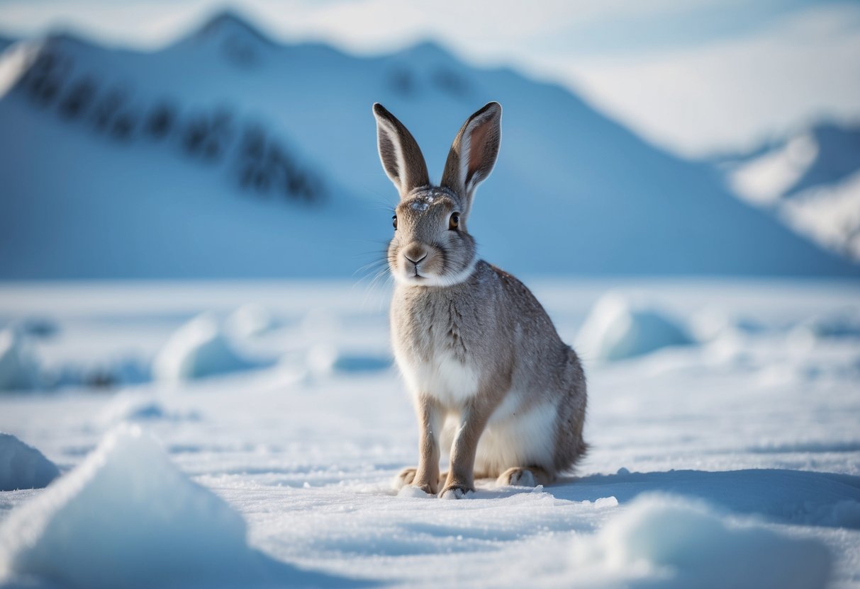 An Arctic hare stands alert in a snowy landscape, surrounded by icy terrain and a backdrop of cold, desolate mountains
