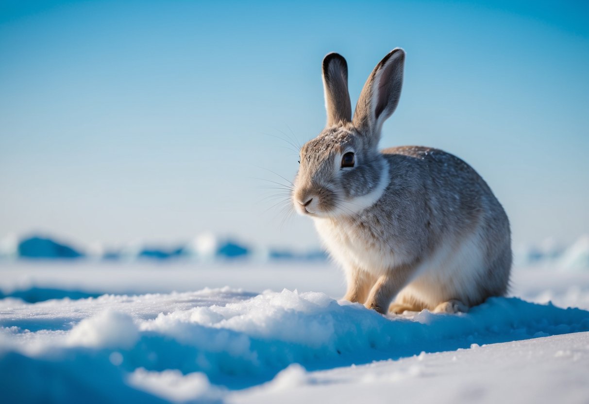 An arctic hare digs a burrow in the snowy tundra, surrounded by icy landscapes and a clear blue sky