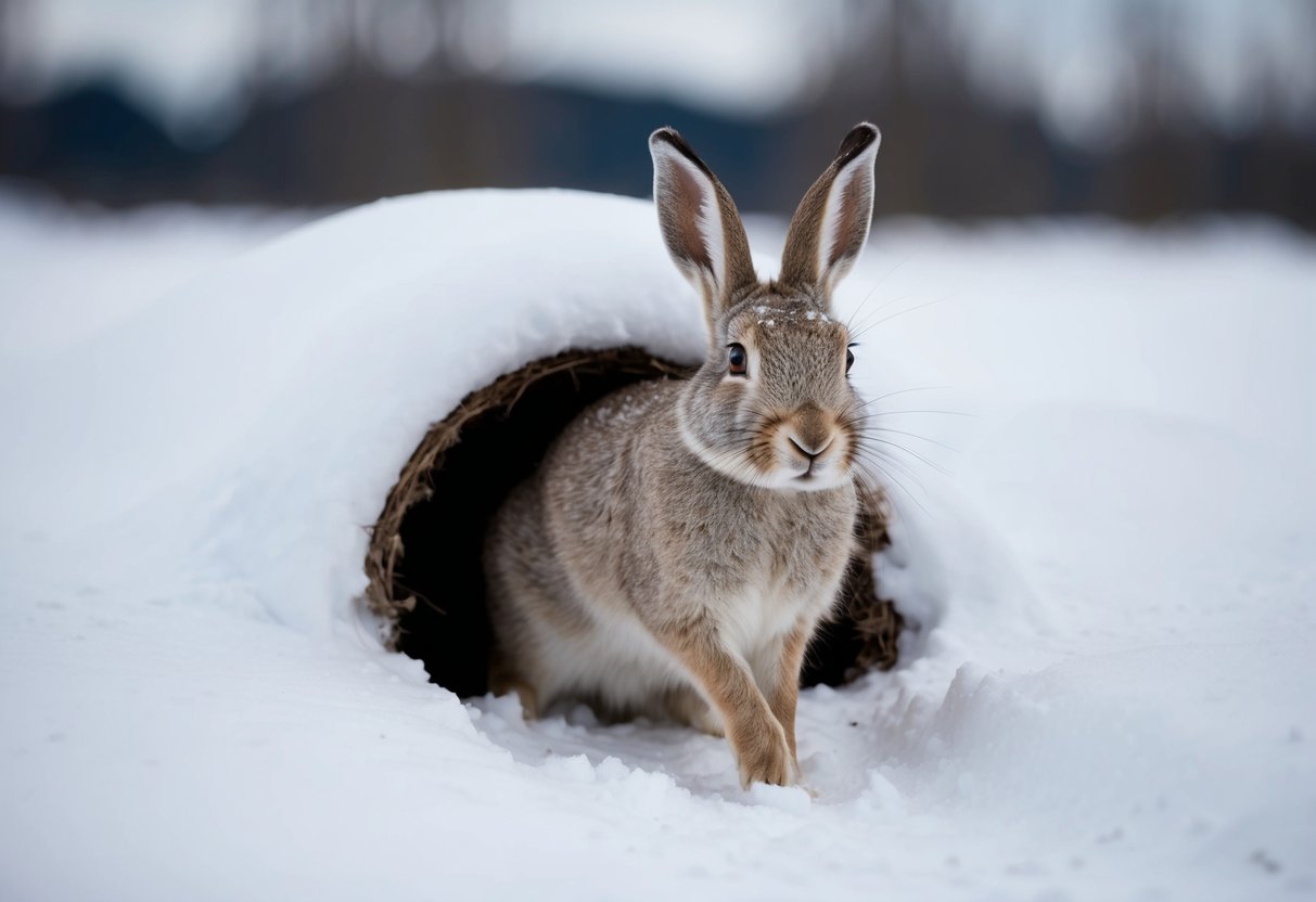 An arctic hare emerging from a snow-covered burrow, with thick fur and large hind legs for hopping in the snow