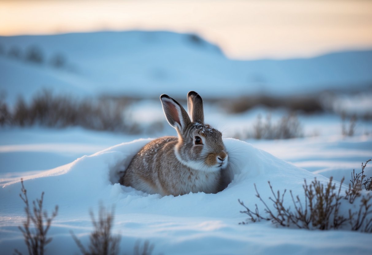 An arctic hare burrows into a snow-covered landscape, surrounded by icy terrain and sparse vegetation