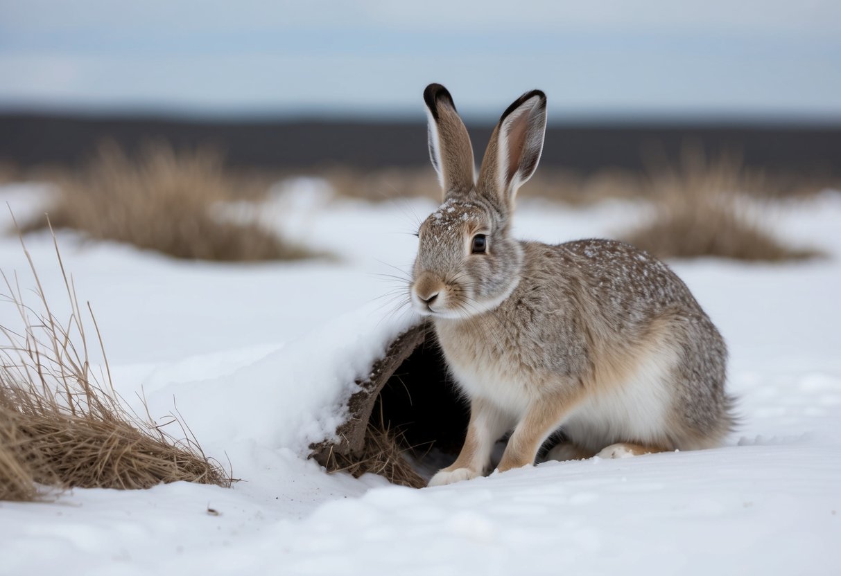 An arctic hare emerges from a burrow, surrounded by snow and barren landscape, nibbling on a patch of dry grass