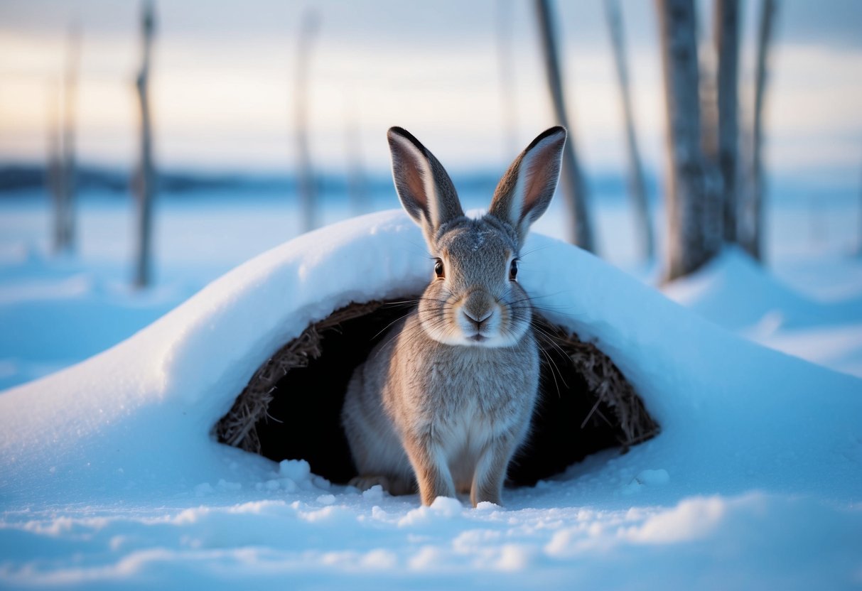 An arctic hare emerges from a burrow in the snowy tundra, surrounded by icy landscapes and barren trees