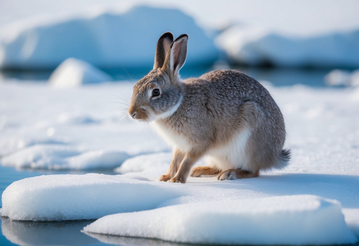 An arctic hare nibbles on a patch of snow, surrounded by ice and snow-covered rocks