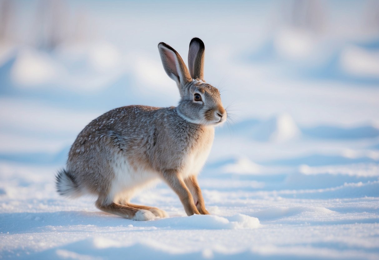 An arctic hare blends into the snowy landscape, its thick fur and large hind legs helping it to navigate the harsh environment