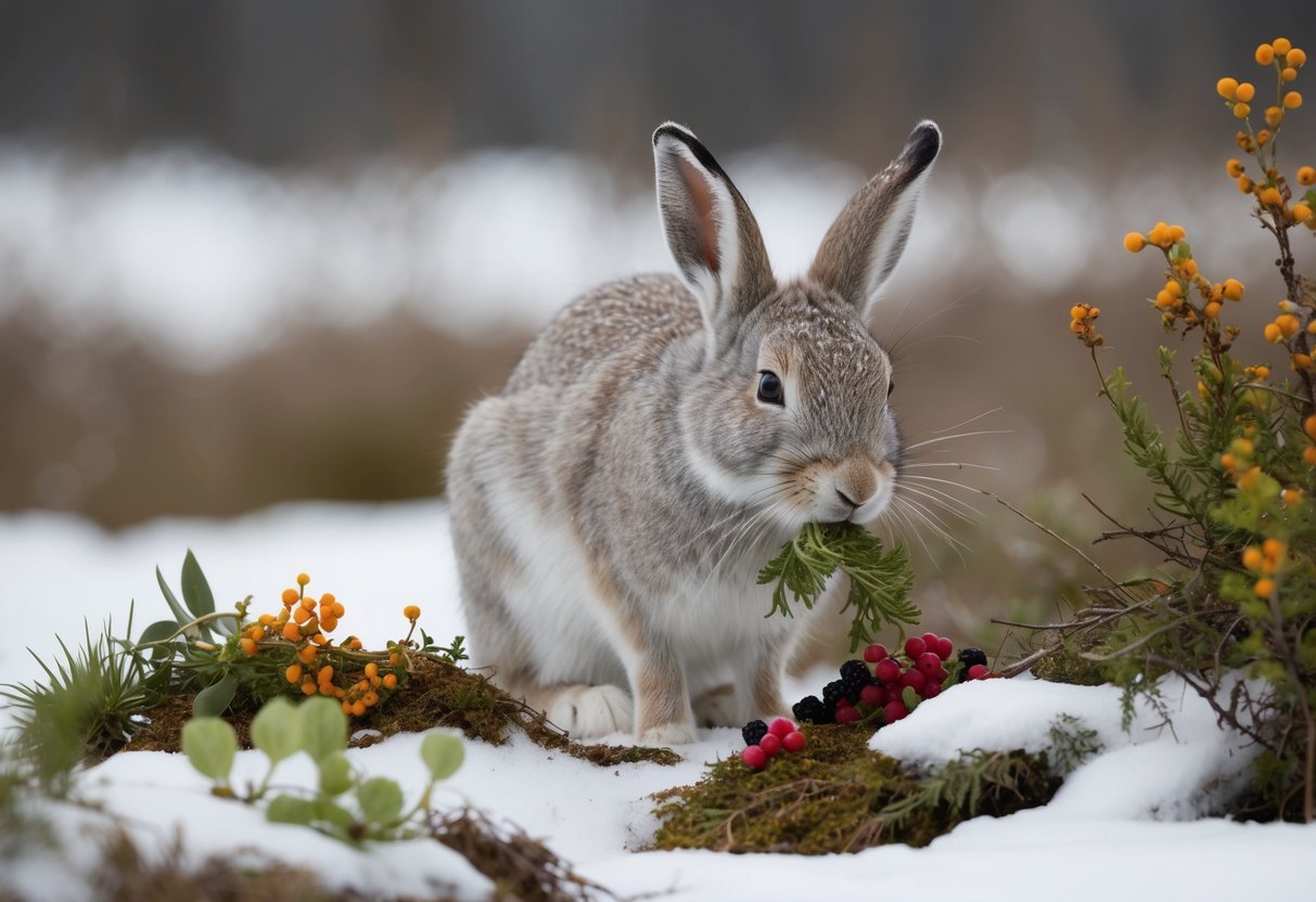 An arctic hare nibbles on a variety of plants, berries, and moss in its snowy habitat
