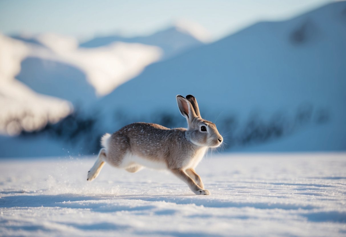 An arctic hare running across a snowy landscape with icy mountains in the background, showcasing its natural habitat in the Arctic region