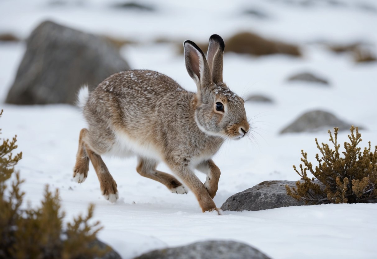 An Arctic hare hops through snowy tundra, surrounded by sparse shrubs and rock formations. It nibbles on lichen and grass, not fish