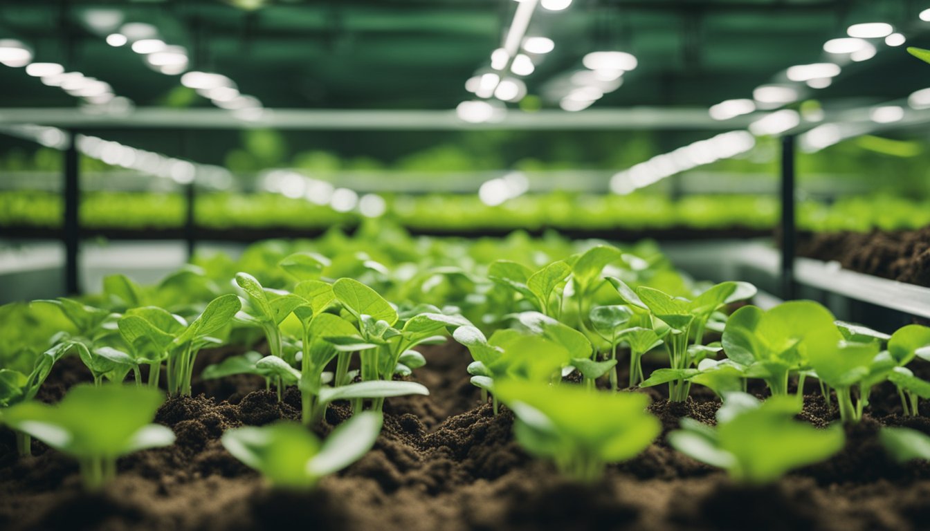 A hydroponic system with visible root aphids infesting the plant roots, surrounded by nutrient solution and equipment for pest control