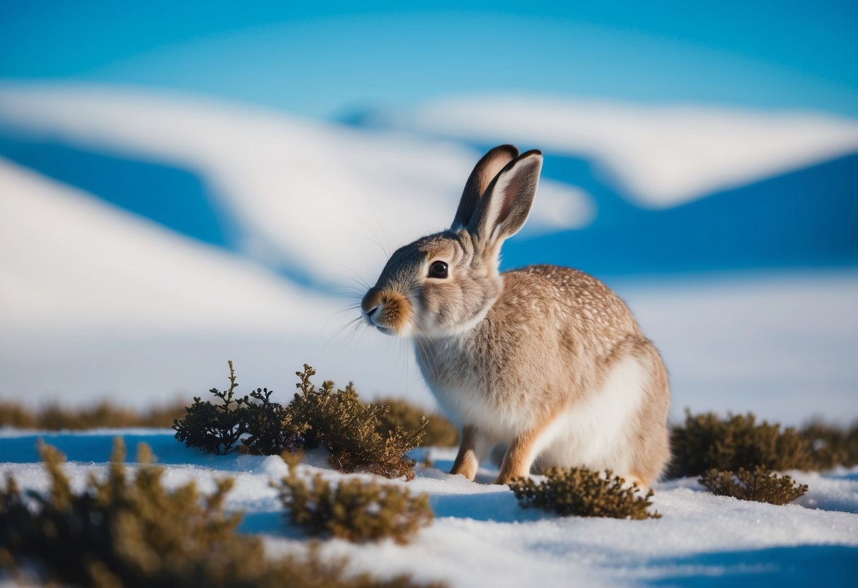 An arctic hare nibbles on tundra vegetation, surrounded by snowy hills and a clear blue sky
