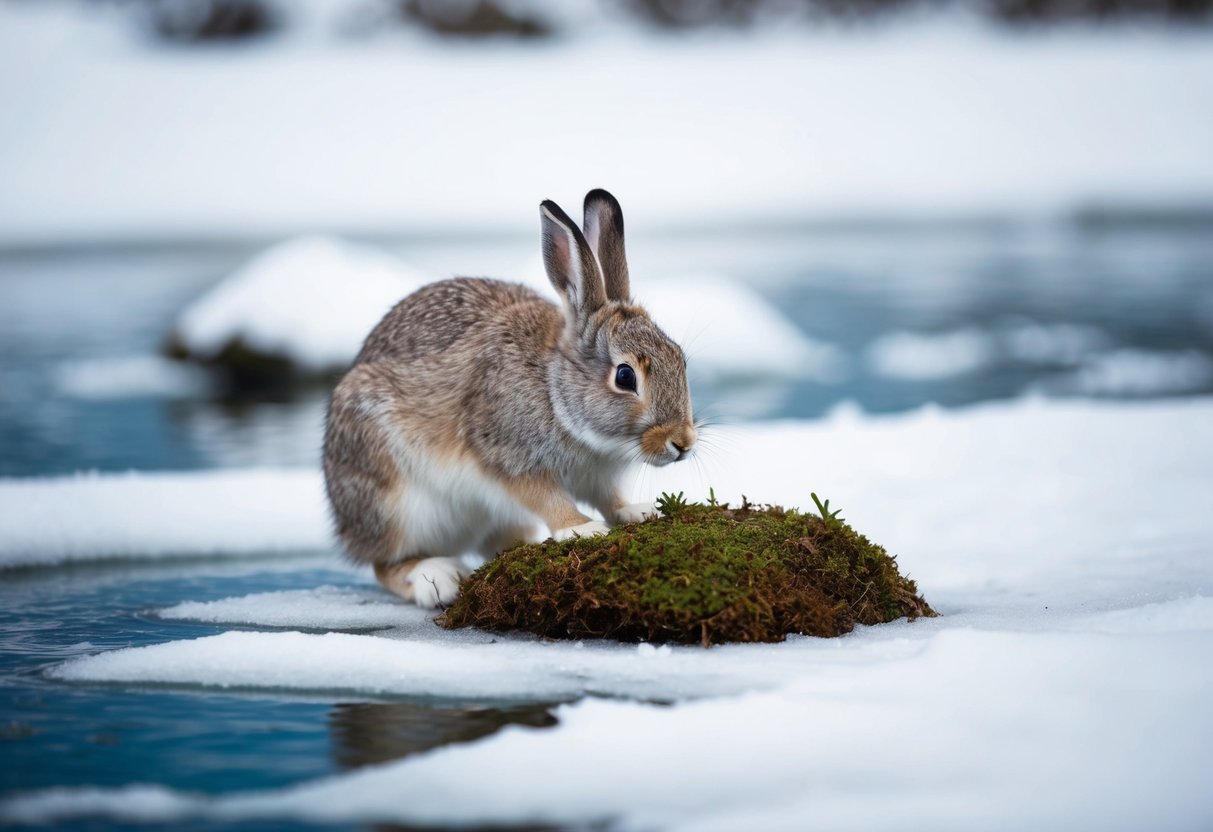 An arctic hare nibbles on a patch of moss, surrounded by snow and ice
