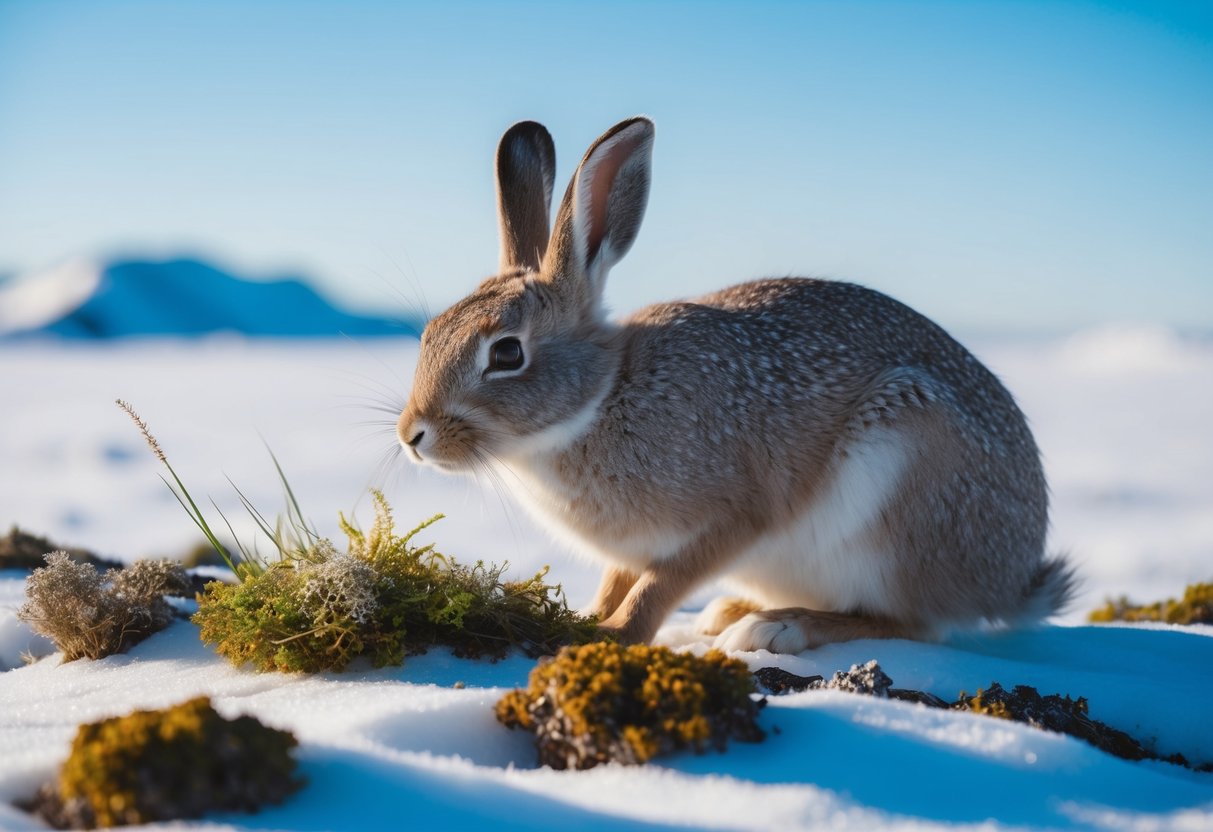 An arctic hare nibbles on tundra grasses, moss, and lichens, surrounded by a snowy landscape and a clear blue sky