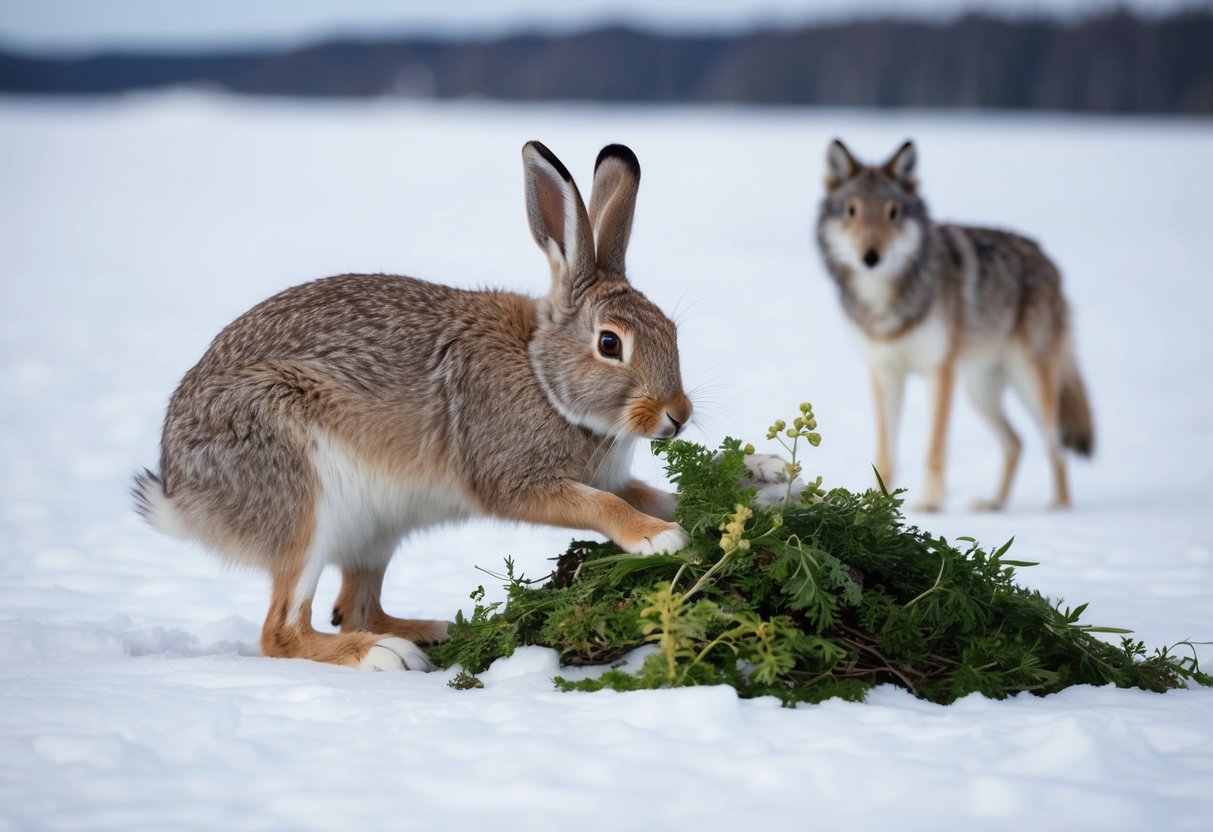An Arctic hare munches on a pile of fresh vegetation, surrounded by snowy tundra. A distant wolf watches, highlighting the misconception of hares being carnivorous