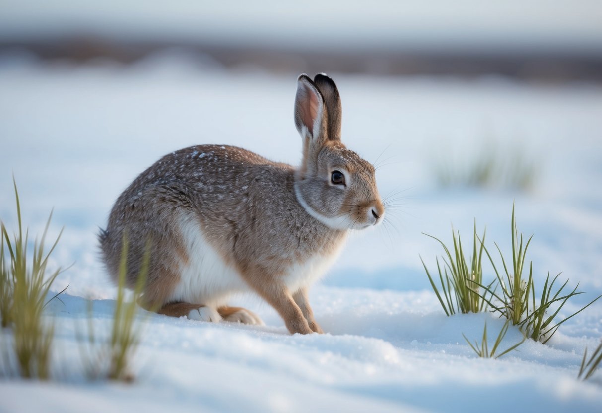 An arctic hare nibbles on tundra grasses, surrounded by snow and ice