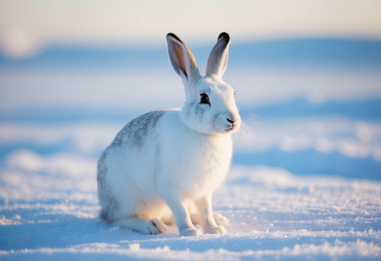 An arctic hare sits in the snow, its white fur blending into the icy landscape. Its ears are alert, and its eyes scan the horizon for signs of danger