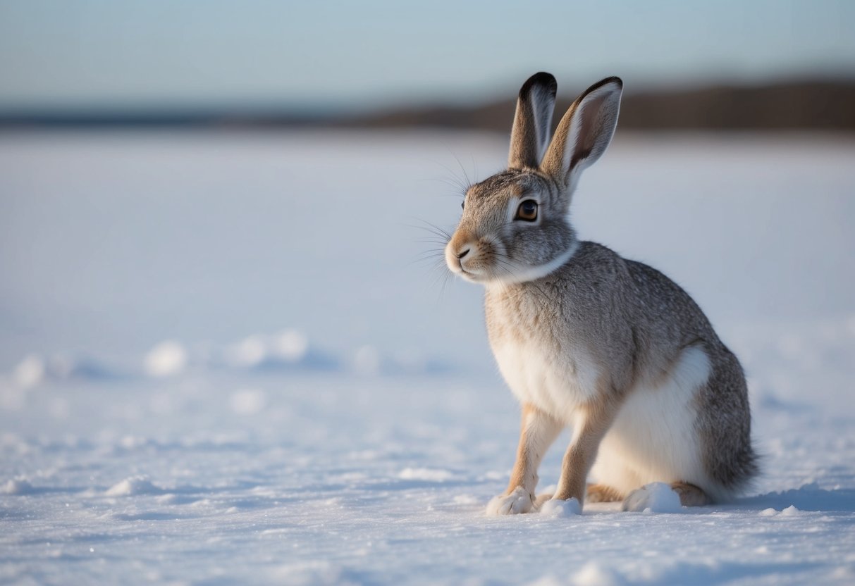 An arctic hare sits on a snowy landscape, its large eyes scanning the horizon without turning its head. The hare's alert posture suggests vigilance against potential predators