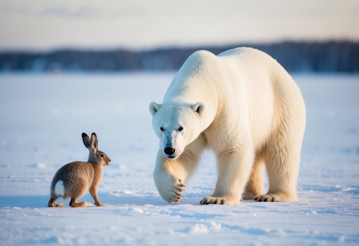 A polar bear hunts an arctic hare in a snowy landscape