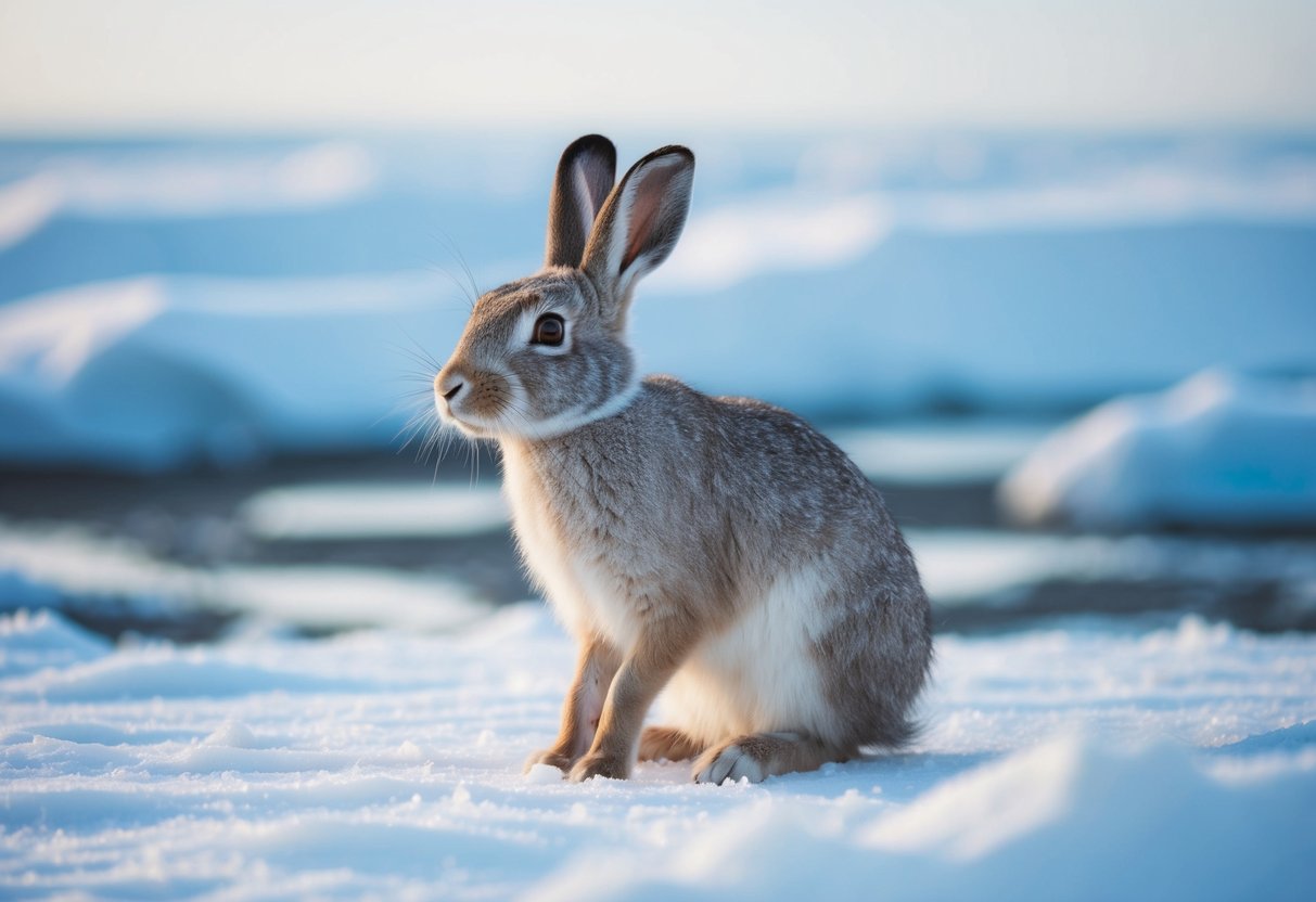 An Arctic Hare sitting in a snowy landscape, surrounded by icy terrain and a cold, desolate atmosphere