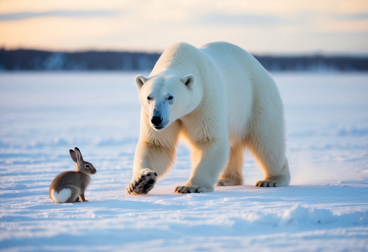 A polar bear stalks an arctic hare across a snowy tundra, ready to pounce
