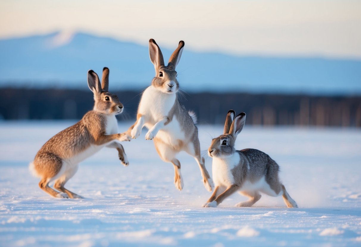 An arctic hare hops across the snowy tundra, while another pair engages in a mating ritual