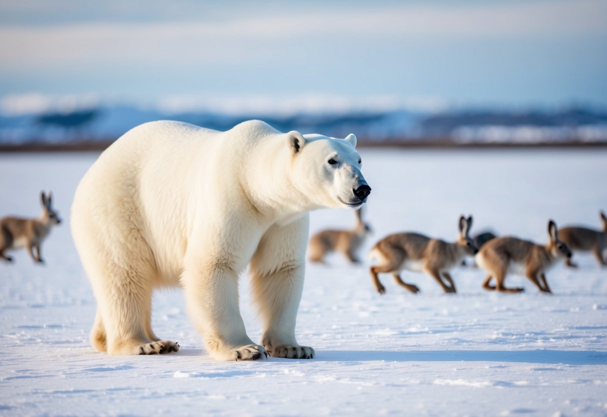 A polar bear standing on the snowy tundra, eyeing a group of arctic hares hopping in the distance