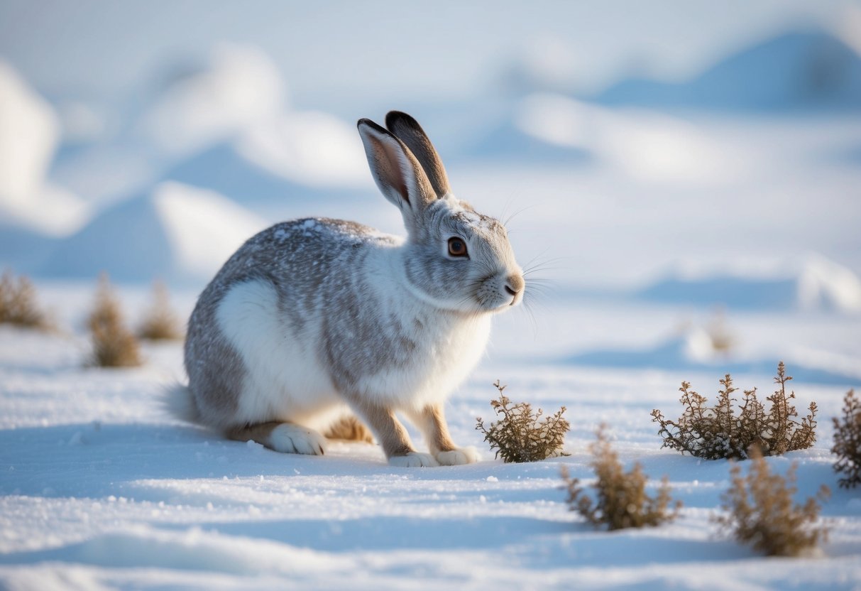 An arctic hare blends into the snowy landscape, its white fur camouflaged against the icy terrain. It nibbles on low-lying vegetation, its large hind legs ready for a quick escape