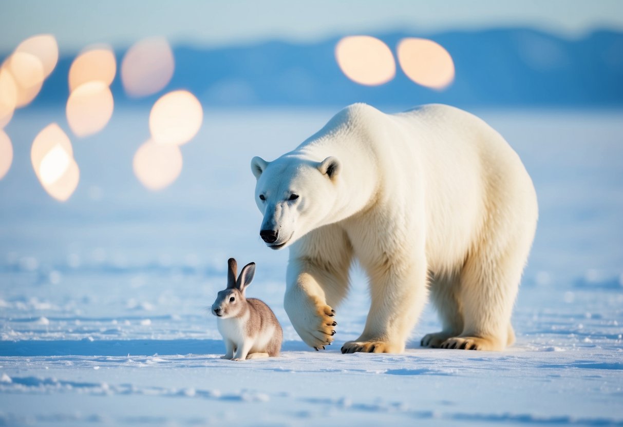 A polar bear hunts an arctic hare on the snowy tundra