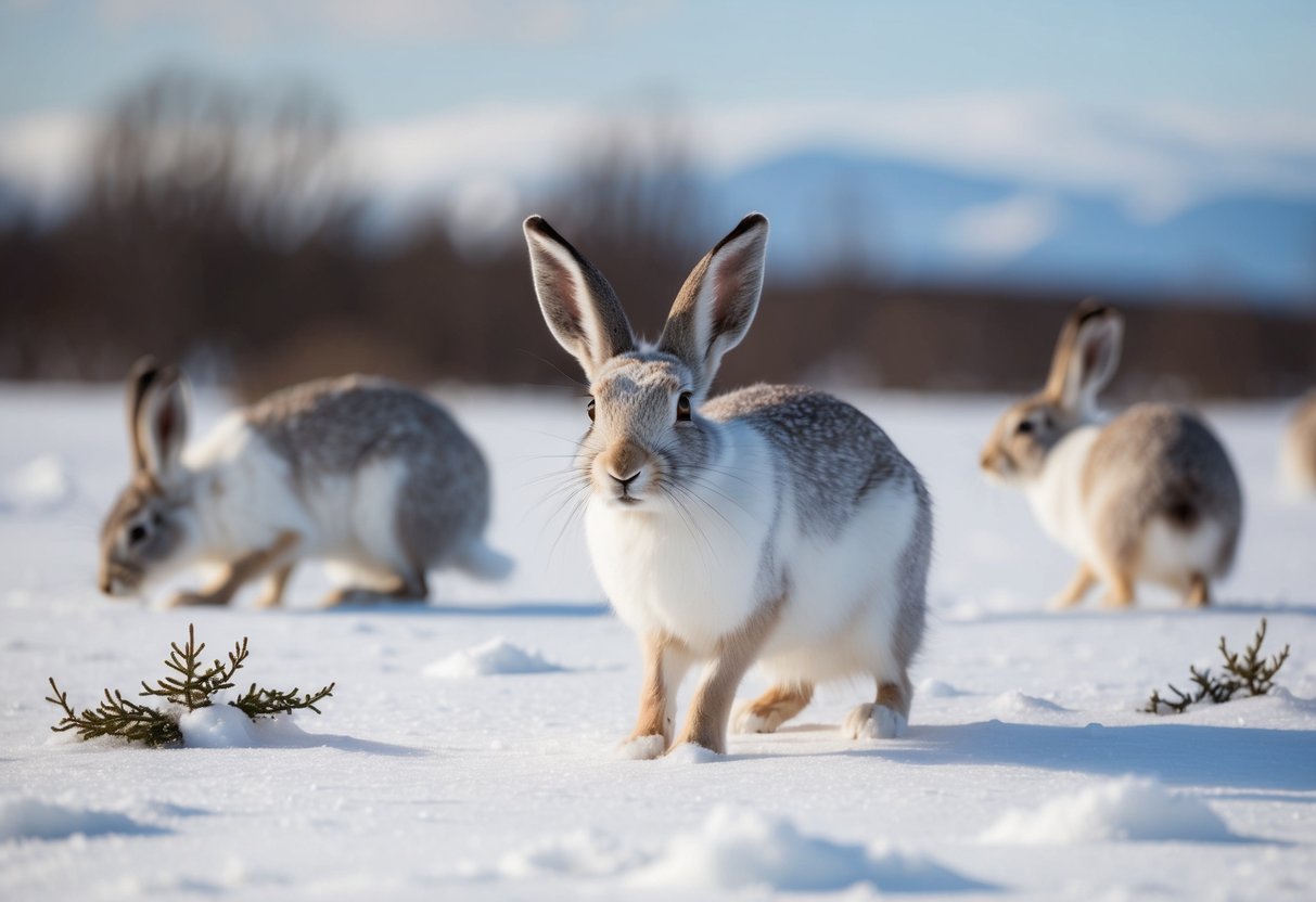 An arctic hare stands in a snowy landscape, surrounded by other hares. The hares are foraging for food, their white fur blending in with the snow