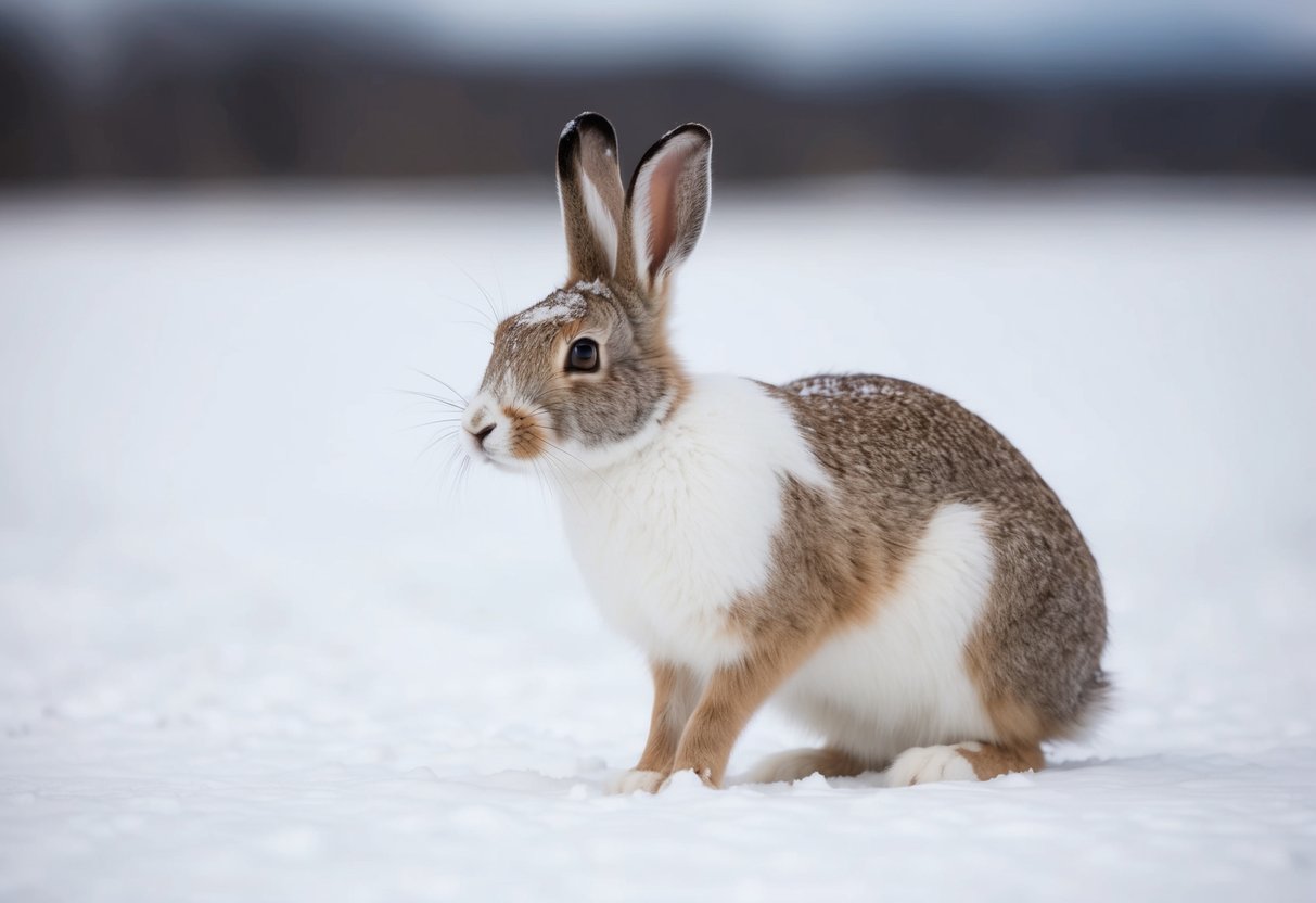 An arctic hare changes from white to brown in a snowy landscape, blending in with the environment to avoid predators