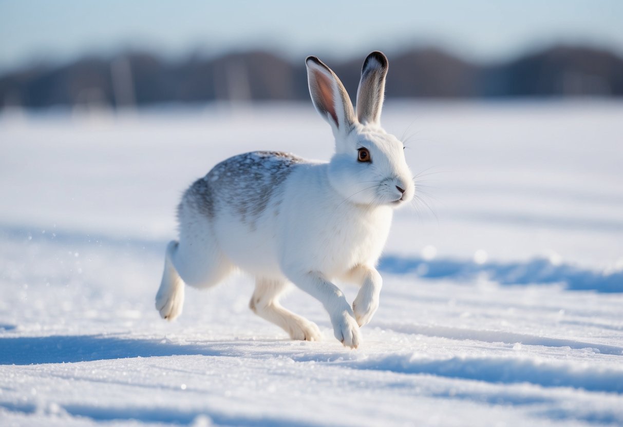 An arctic hare hops through a snowy landscape, its white fur blending into the icy surroundings