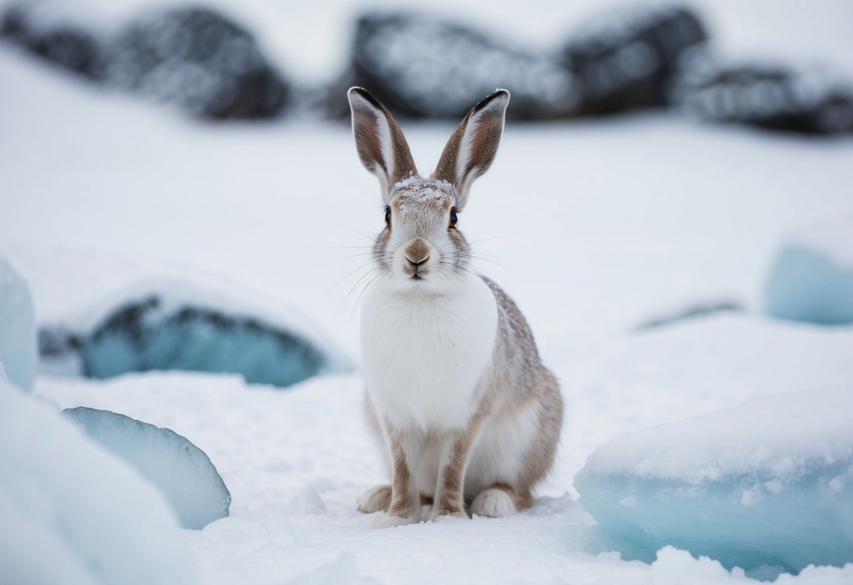 An Arctic Hare sitting in a snowy landscape, surrounded by ice and snow-covered rocks, with its white fur blending in with the wintry surroundings