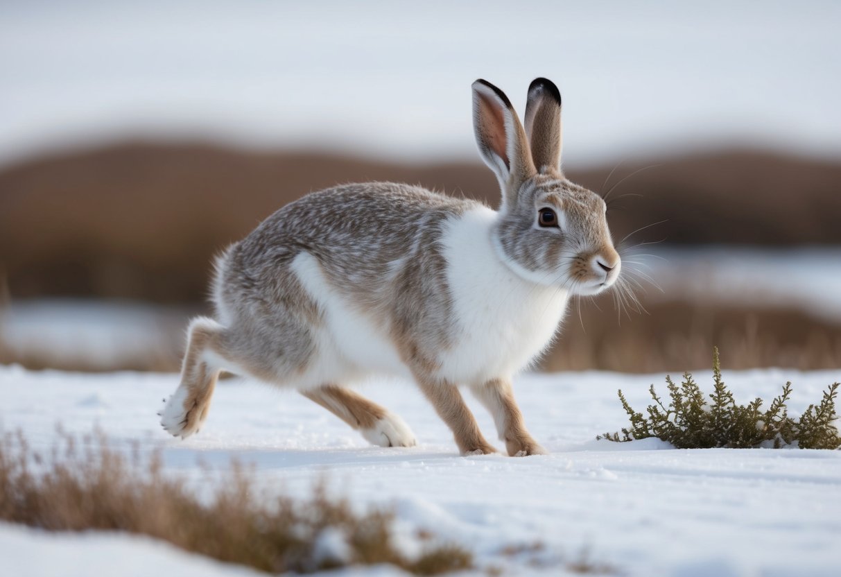 An arctic hare hops through a snowy landscape, blending into the white surroundings with its fur. It nibbles on low-lying vegetation, using its keen senses to detect predators