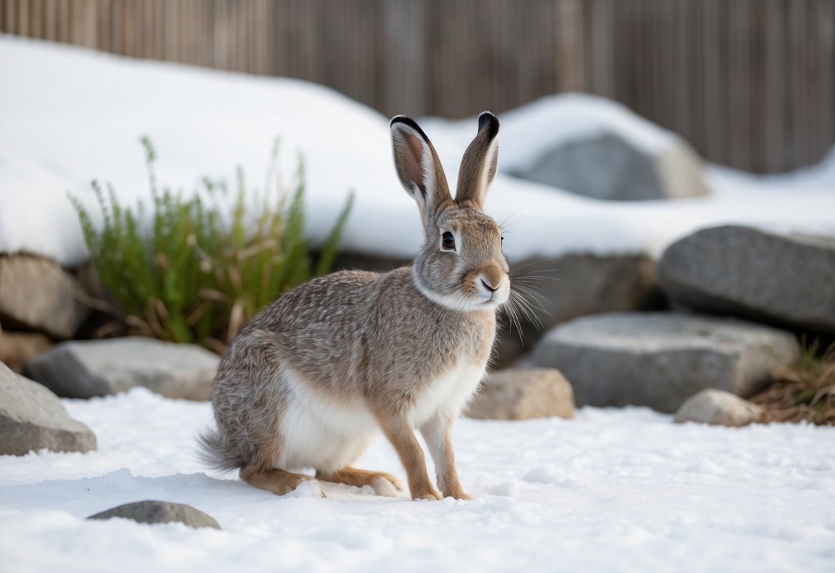 An arctic hare sits in a spacious, naturalistic enclosure with plenty of snow, rocks, and vegetation. It appears healthy and content, displaying natural behaviors such as grooming and hopping