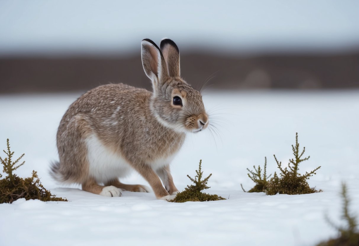 An arctic hare nibbling on small shrubs and moss in a snowy tundra