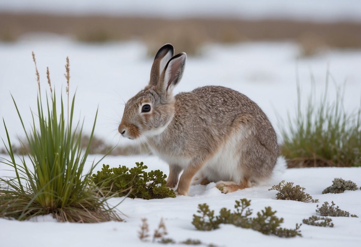 An Arctic hare nibbles on low-lying tundra plants, including willow, grasses, sedges, and lichens, in its snowy habitat