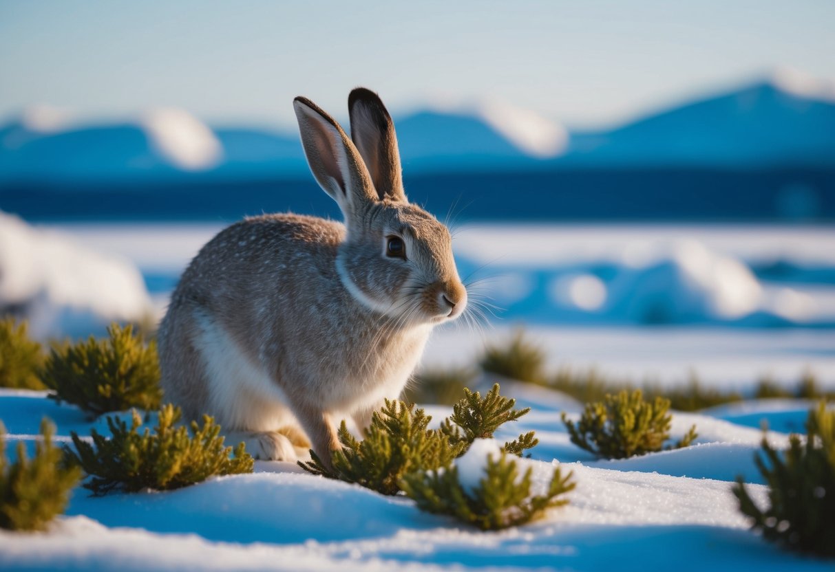 An arctic hare munches on low-lying tundra plants, surrounded by snow and ice, with distant mountains in the background