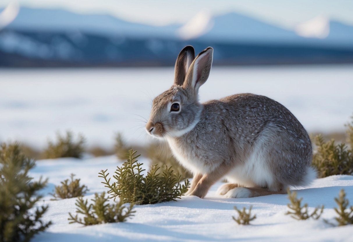 An arctic hare nibbles on tundra plants, surrounded by snowy landscape and distant mountains