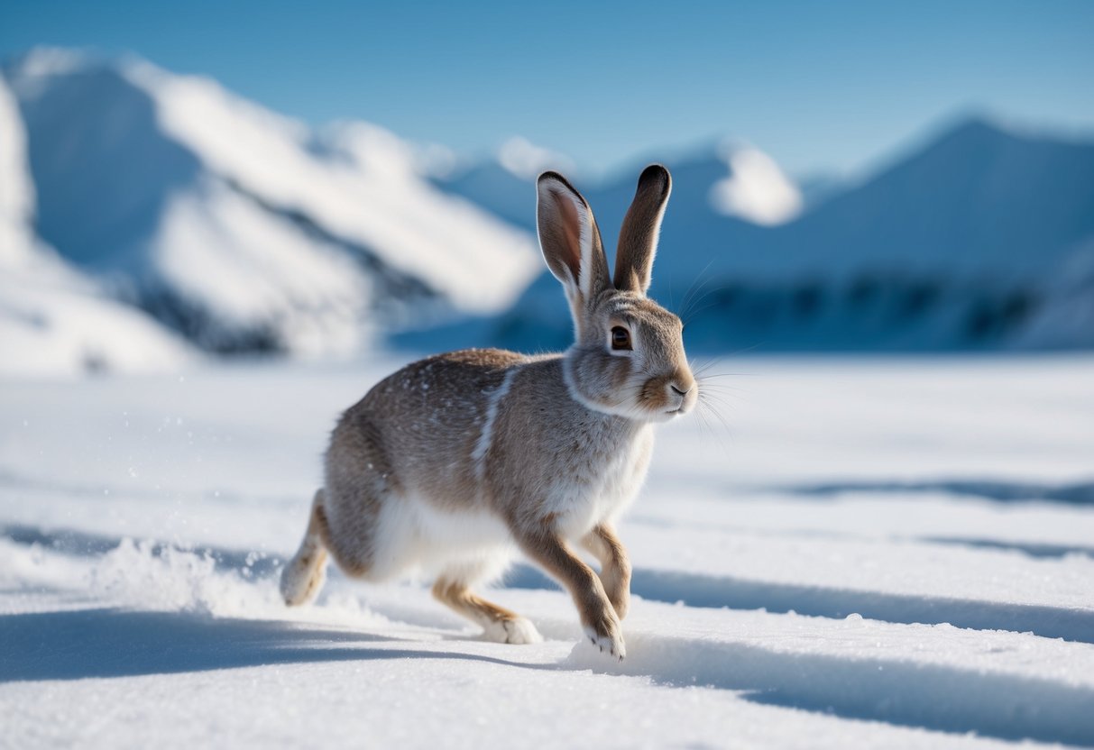 An arctic hare hops through a snowy landscape, surrounded by icy mountains and a clear blue sky