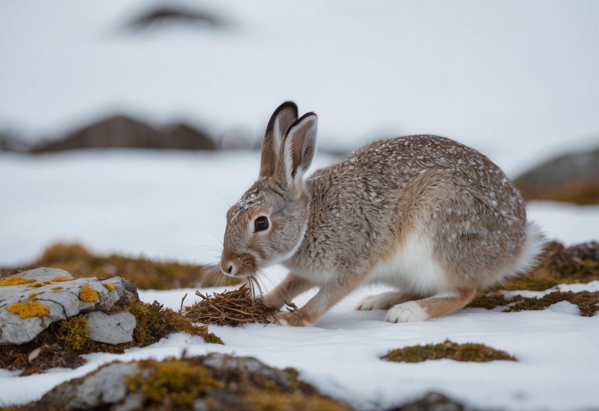 An arctic hare foraging for food in a snow-covered landscape, surrounded by patches of lichen and moss