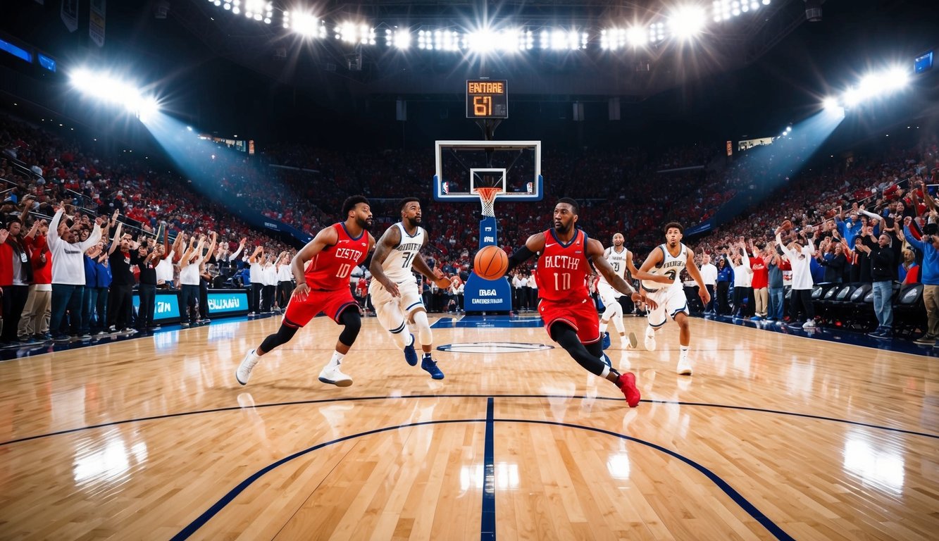 Sebuah lapangan basket dengan pemain yang bergerak, dikelilingi oleh penggemar yang bersorak dan lampu stadion yang terang