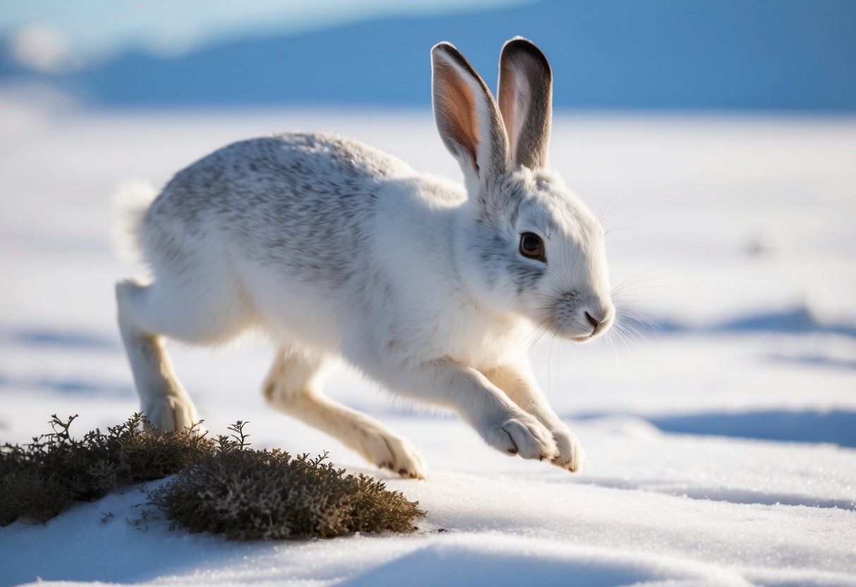 An arctic hare hops through a snowy landscape, its white fur blending in with the icy surroundings. It nibbles on a patch of lichen, showcasing its ability to survive in the harsh arctic environment