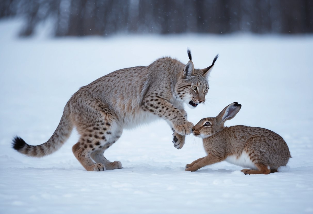 A lynx pounces on an arctic hare in a snowy landscape