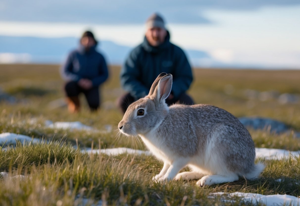 An arctic hare nibbles on tundra grasses while a curious human watches from a safe distance