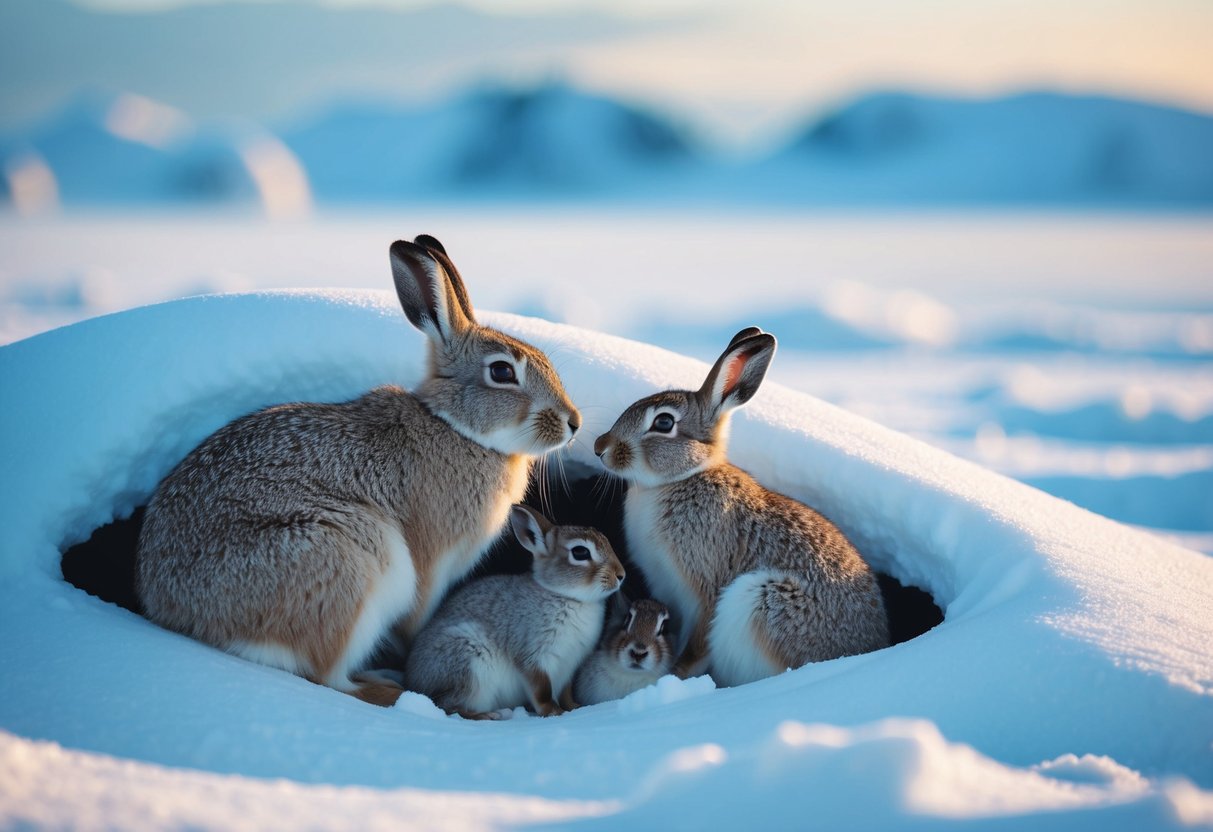 An arctic hare family, with a mother and her young, nestled in a snowy burrow surrounded by a vast, icy landscape