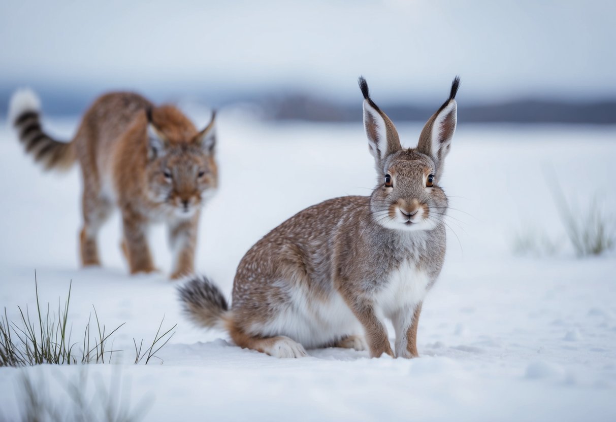 An arctic hare cautiously watches a lurking lynx from a snowy tundra