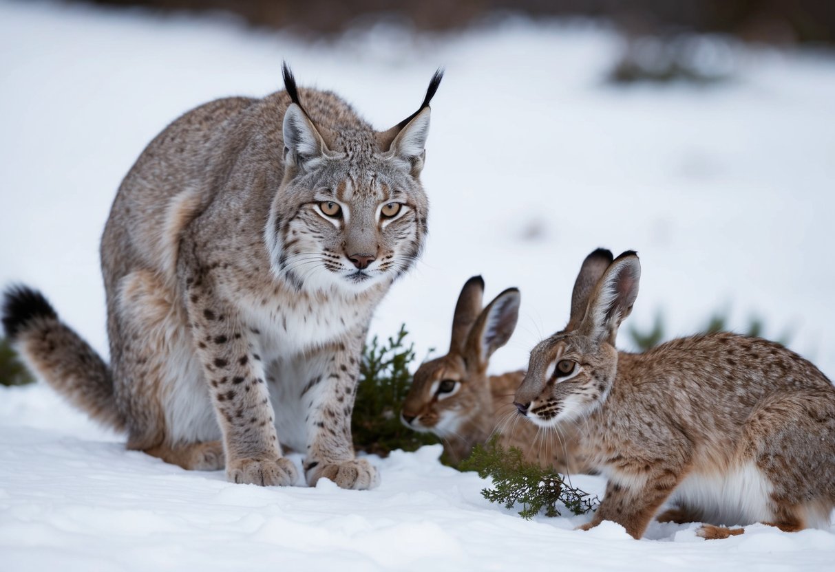 A lynx crouches in the snow, its keen eyes fixed on a group of arctic hares nibbling on vegetation