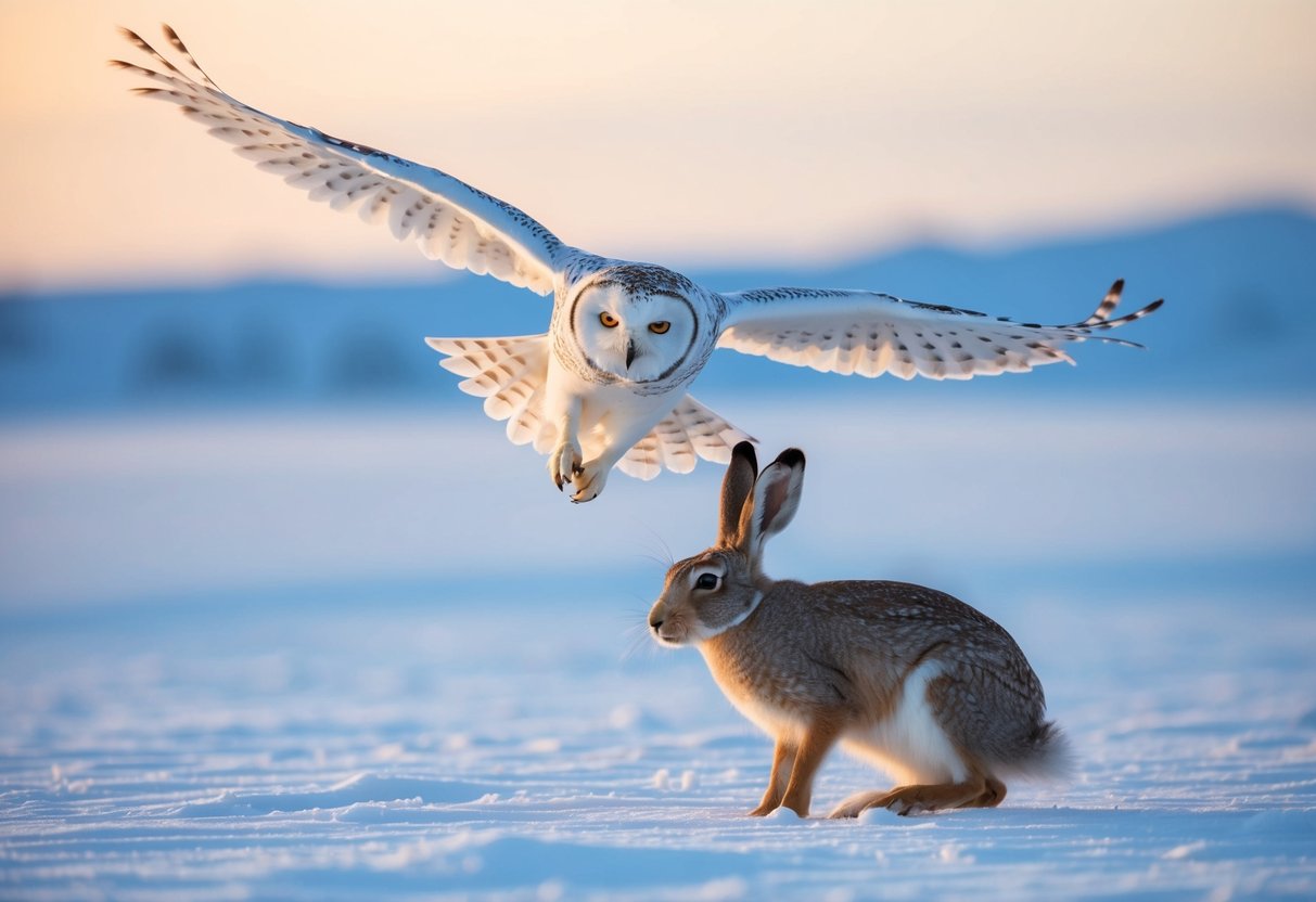 An arctic owl swoops down on an arctic hare in a snowy landscape