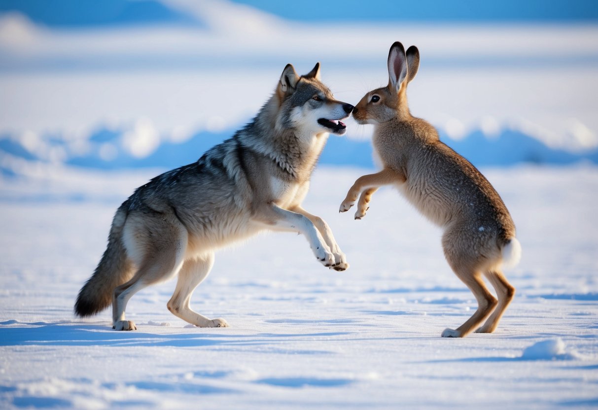 A wolf pouncing on an arctic hare in a snowy tundra