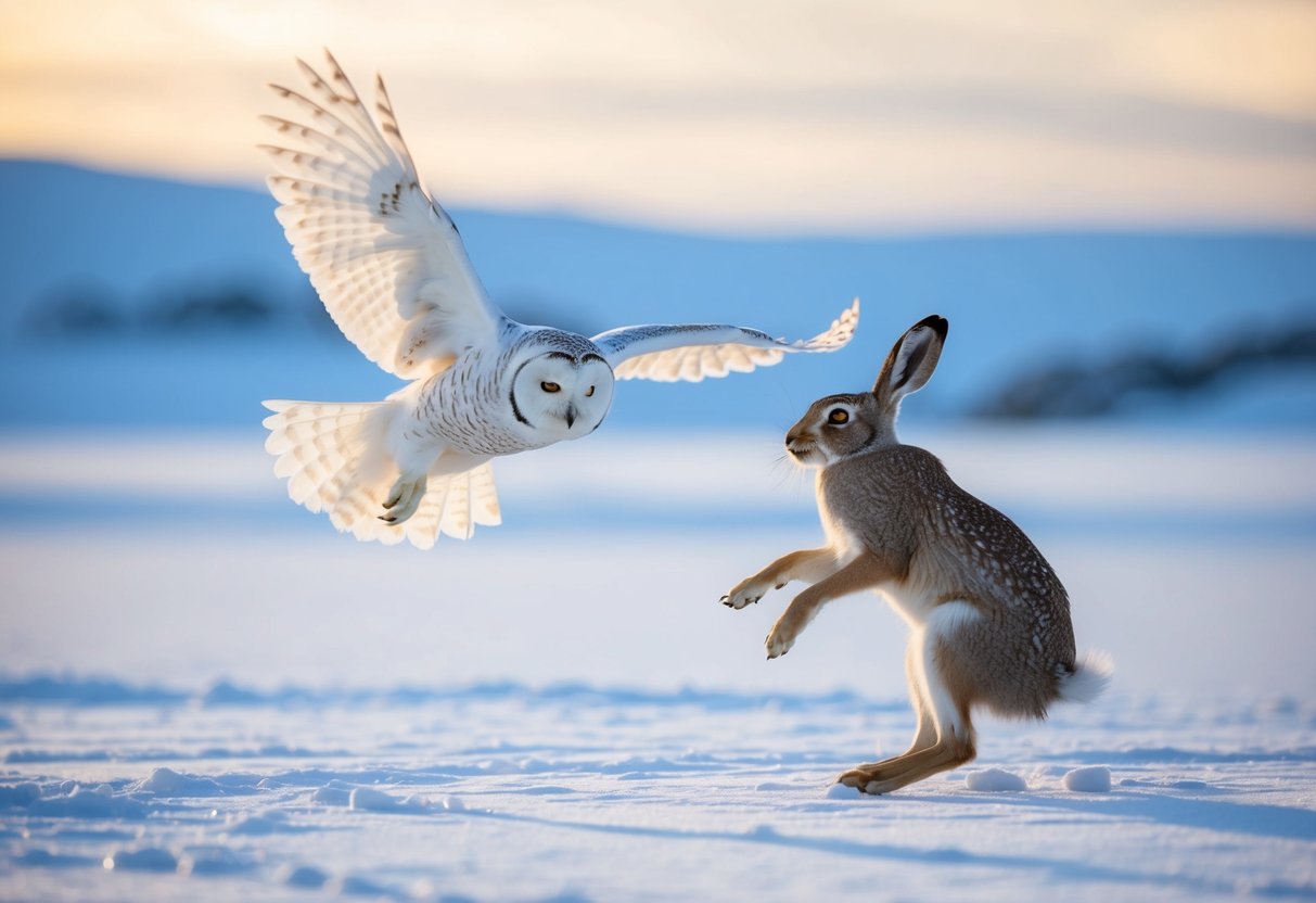 An arctic owl swoops down to catch an arctic hare in a snowy landscape