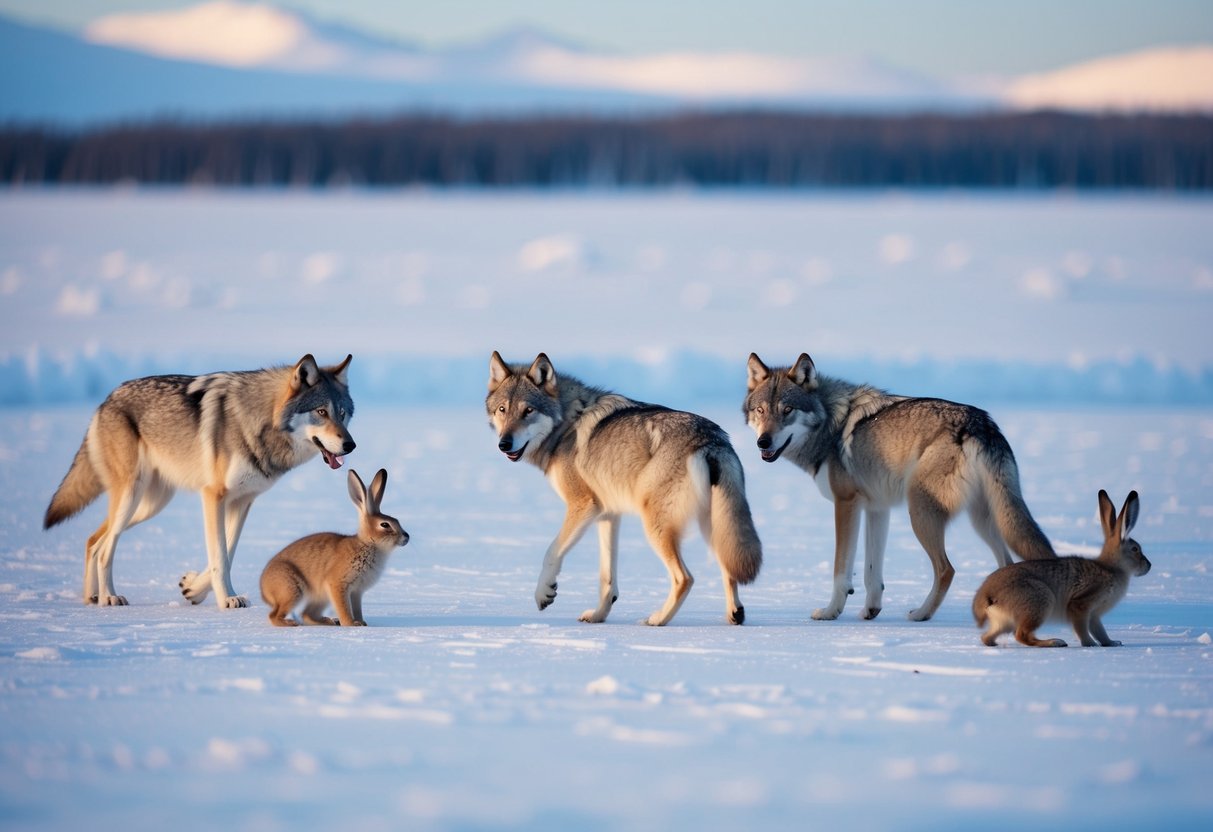 A pack of wolves hunts arctic hares across a snowy tundra, showcasing the ecological challenge of survival and the adaptation of predator-prey relationships