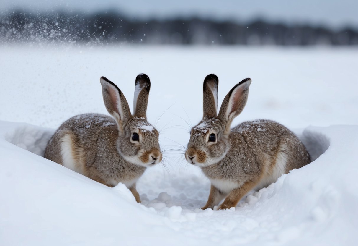 Arctic hares dig burrows in the snow-covered tundra, their powerful hind legs kicking up flurries as they create a cozy underground home